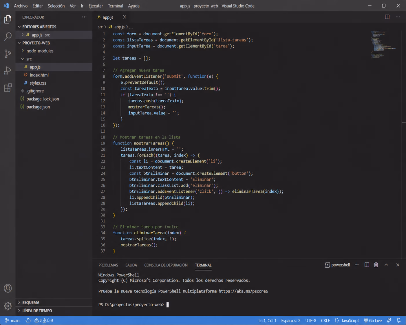 Captura de Visual Studio Code con código JavaScript para añadir, mostrar y