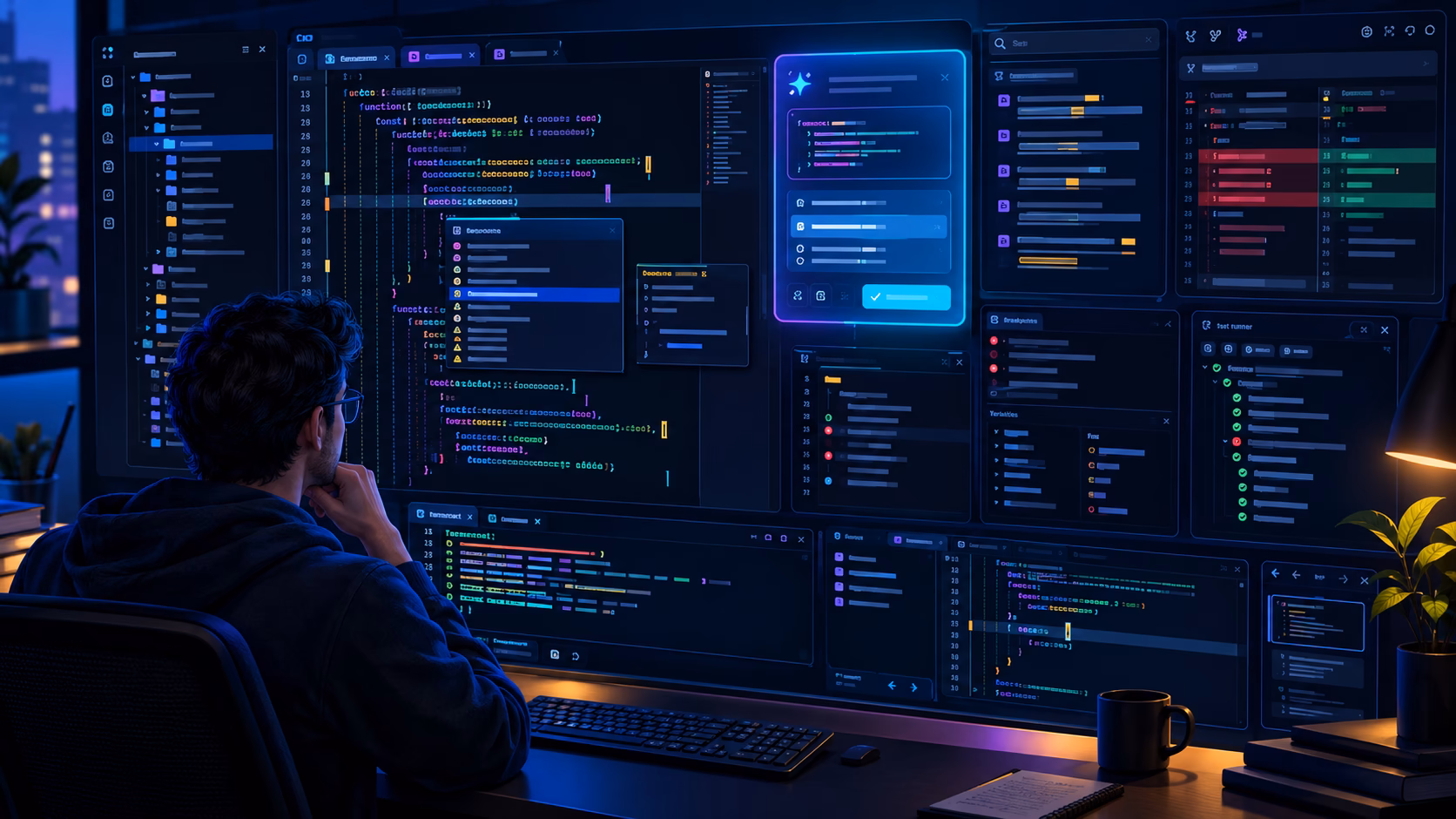 Persona programando frente a varios monitores con código y paneles de desarrollo de software